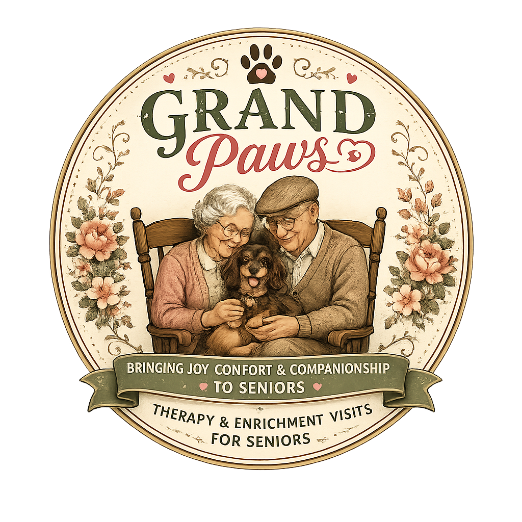 GrandPaws crest: an older couple in rocking chairs holding a small dog